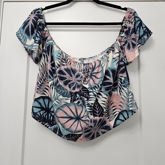 Charlotte Russe Teal Pink Ivory Tropical Floral Print Off the Shoulder Crop Top - Picture 1 of 8